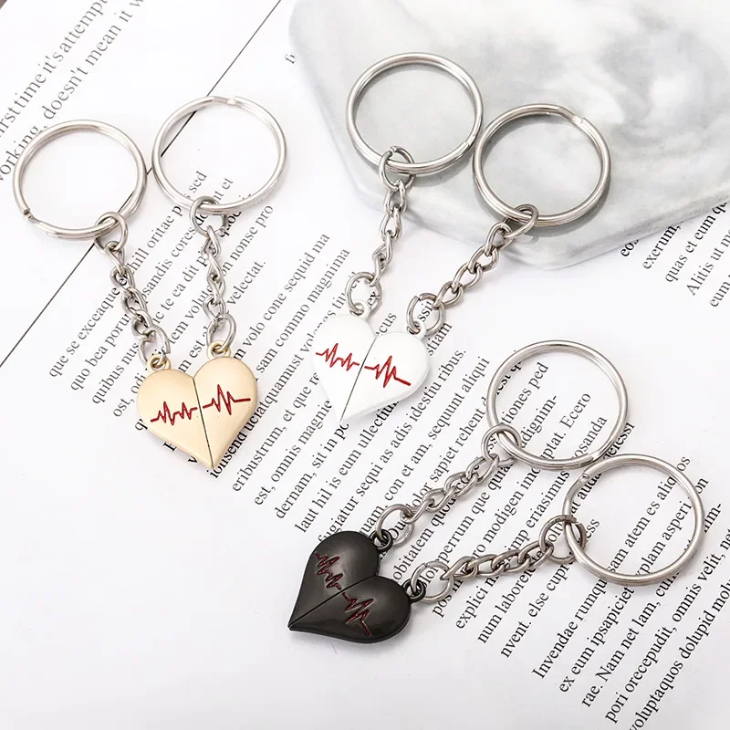 Love Heart Electrocardiogram Couple Magnetic Suction Keychains Heartbeat Magnet Keyrings Backpack Bag Pendant Car Key Chain Gift