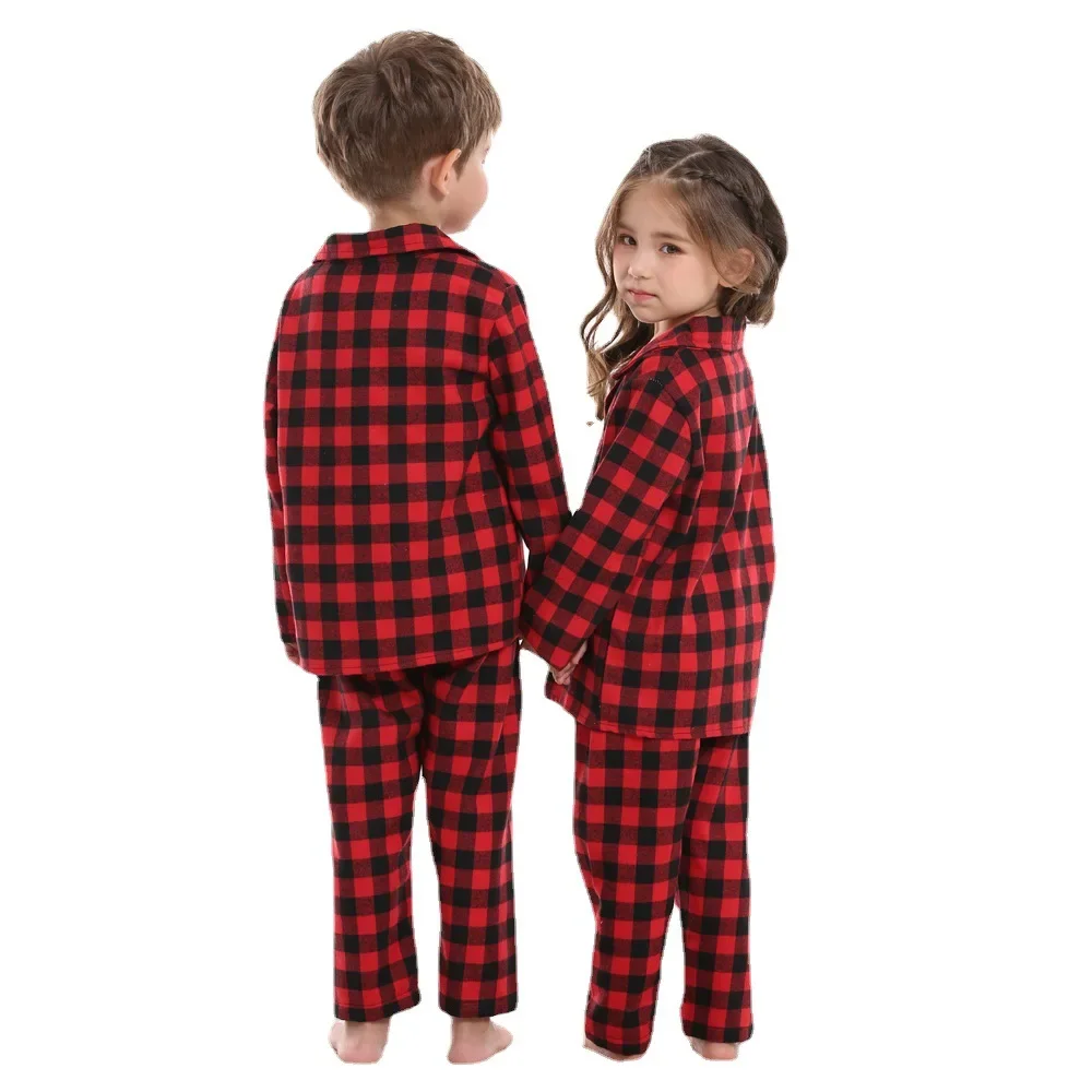 2-Piece Cotton Pajama Set Kids Boys Girls Plaid Pattern Loungewear Kids Cotton Pajamas Set Autumn Winter Clothing