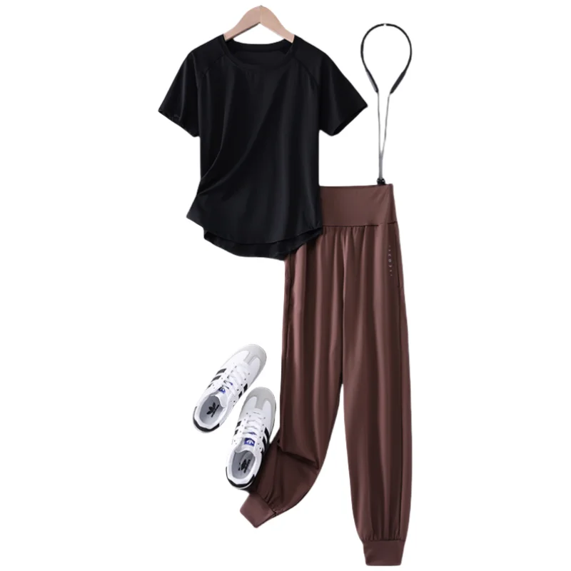 DRUR S-4XL اليوغا مجموعة النساء قمصان رياضية سراويل رياضية مجموعة 2 قطعة قصيرة اللياقة البدنية القمم Sweatpants دعوى الإناث الصيف ملابس رياضية الزي