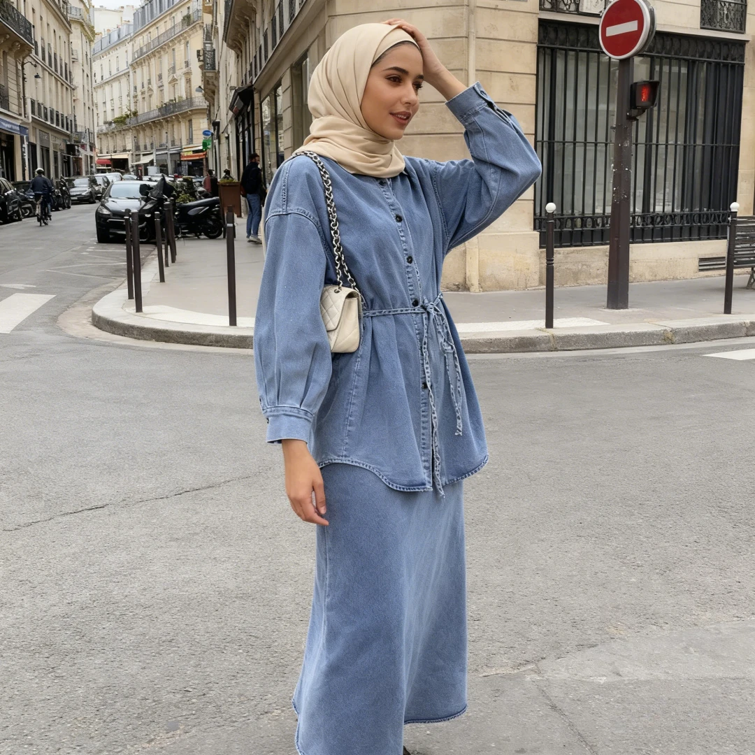 

Джинсовые юбки, комплект из 2 предметов, женский мусульманский костюм, рубашка, длинная юбка, ансамбль Рамадан, Марокко, Дубай, рубашка на шнуровке, скромные наряды