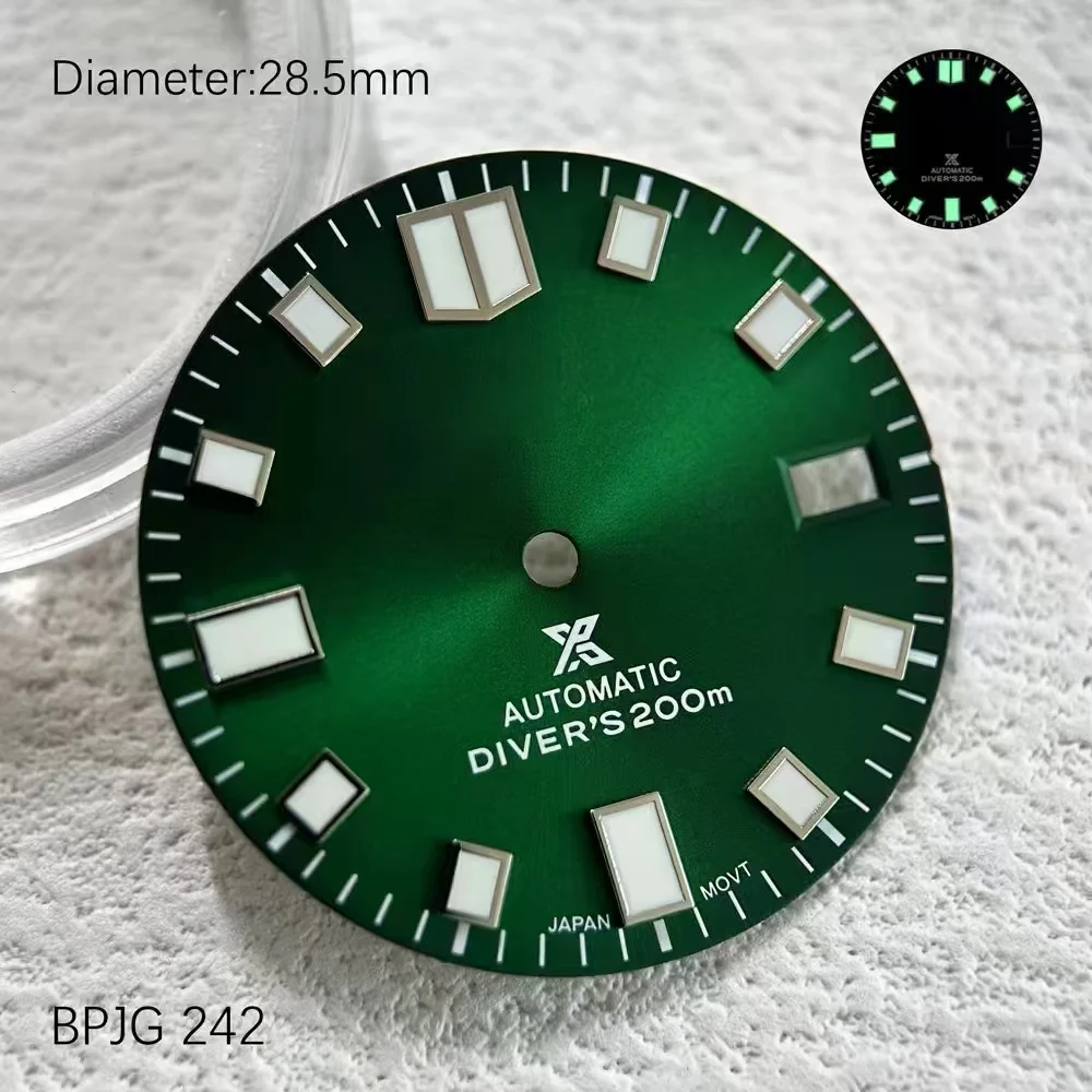 28.5mm NH35 dial S logo dial green night light modified Yuanzu abalone diving watch Fit NH35 Movement Modification Watch Parts