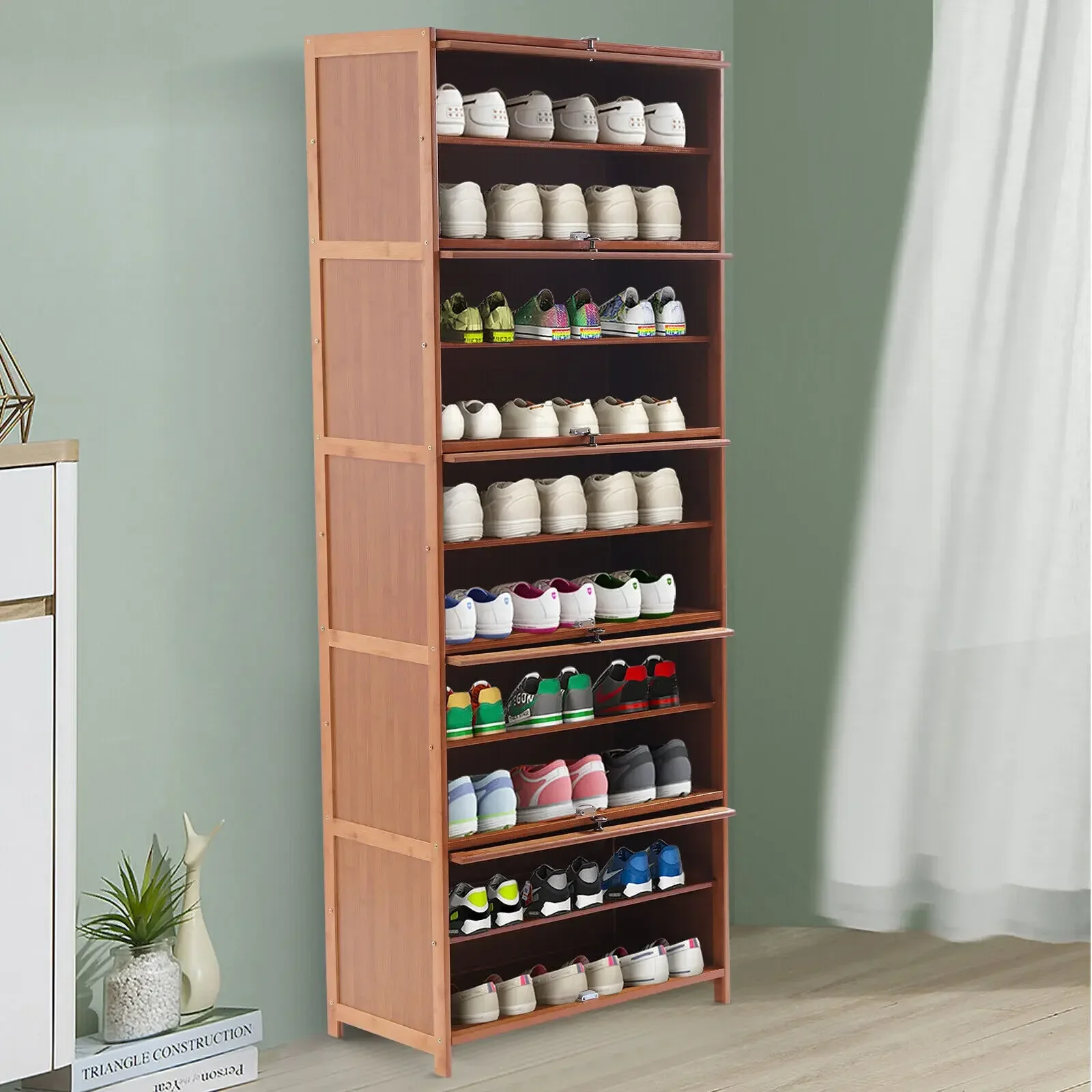 10 Tiers Bamboo Shoe Rack Cabinet Wood Shelf Stand Book Shelf Organizer Entryway Floor Mount Concealed Sliding Doors Brown