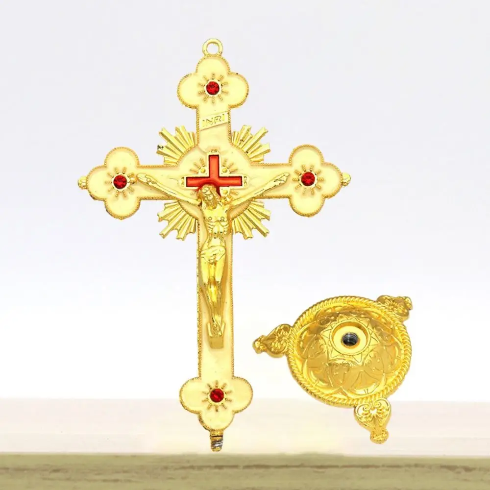 Exquisite With Stand Church Cross Ornaments Handmade No Fading Alloy Cross Ornaments Durable Plated Gold Statue Church