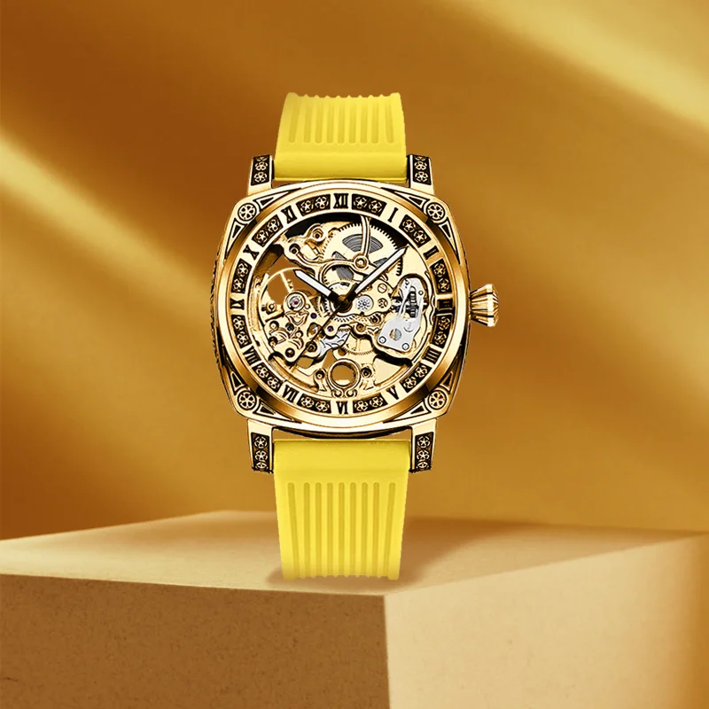 

A men's yellow tape casual sporty carved case design skeletonized automatic mechanical watch