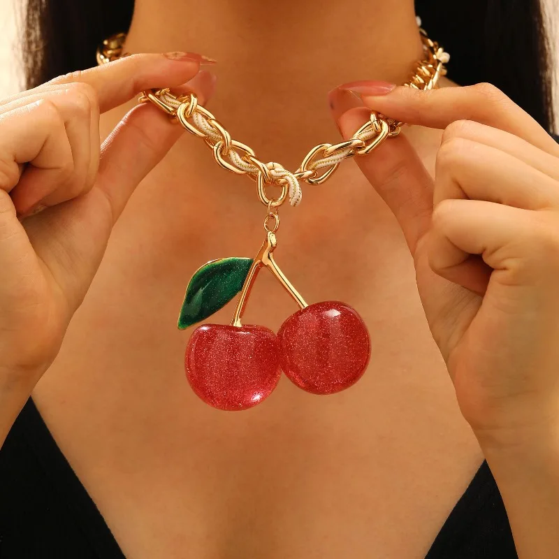 

Fashion Exaggerated Red Cherry Fruit Pendant Necklaces for Women Hiphop Thick Chain Necklace Jewelry Necklace Accessories