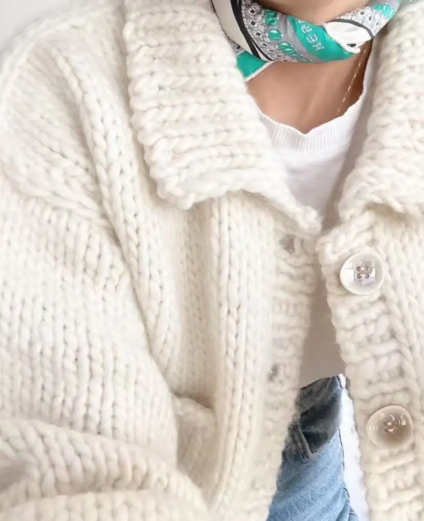 Early Autumn Loose Korean Style Lazy Slimming, Concealing Flesh, Thick Thread Lapel, Handmade Knitted Cardigan,
