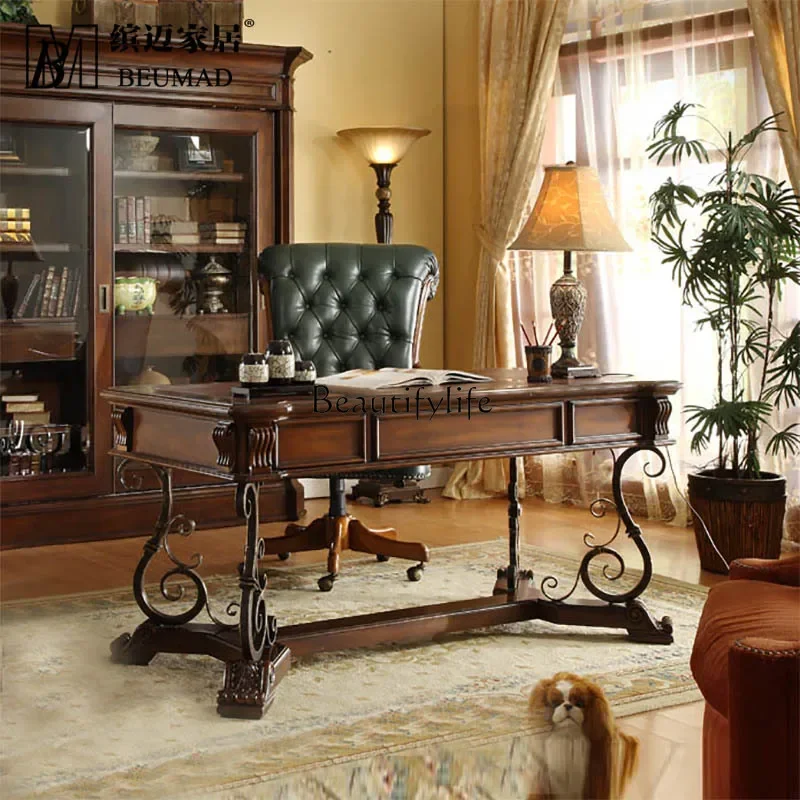 

FG28Solid wood carving flower desk retro office writing desk boss table