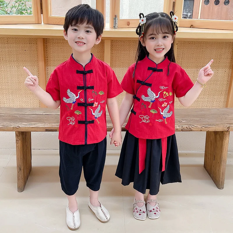 

Boy's Han Suit Summer Suit Thin Chinese Style Cotton Linen Short Sleeve Summer Daughter's Children's Day Performance Suit Tang