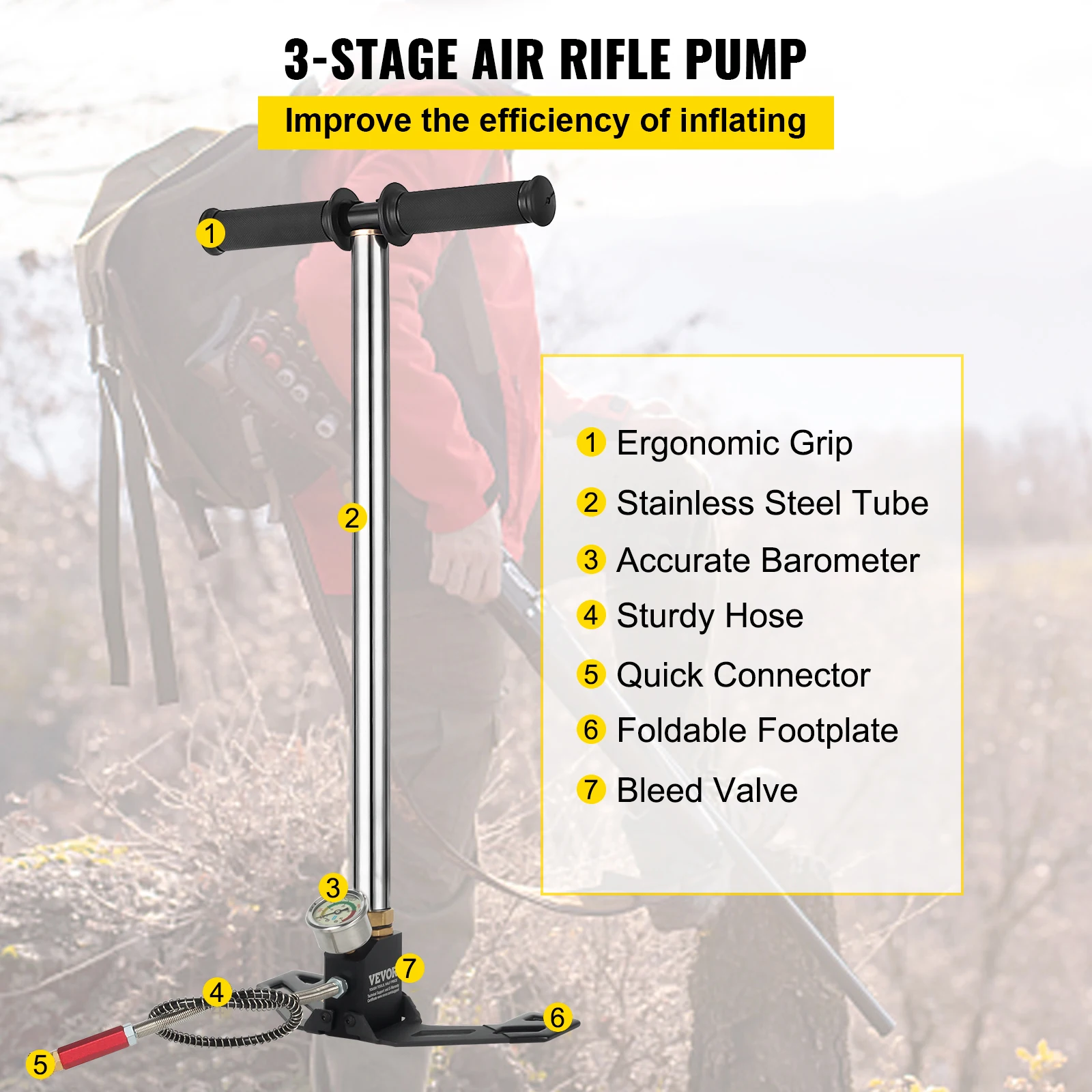 VEVOR Bomba de Aire 4.500 PSI, Inflador de Aire de Bomba con Manómetro de Alta Presión, Inflador de Bomba de Mano de Tres Etapas, Bomba de Aire de Acero Inoxidable de Bicicletas de Pie y Carretera