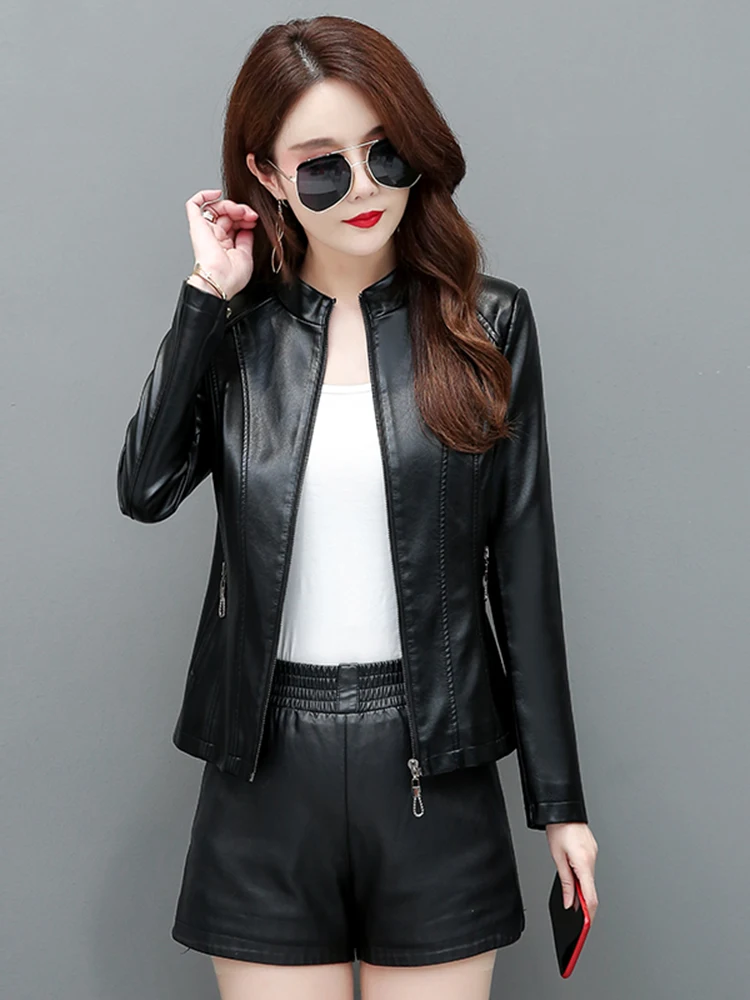Real Leather ort Jaet Women's Sli Slim Fit Stand Collar Casual Leather Coat Korean Version Spring Autumn New Arrival
