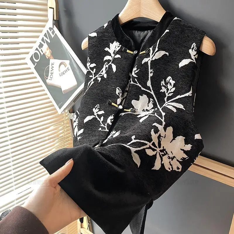 

Backl Print Vest Top Women Elegant Qipao Shirt Sleeveless Tank Jacket Improved Chinese Style Tang Clothes Big Size 3Xl 4Xl