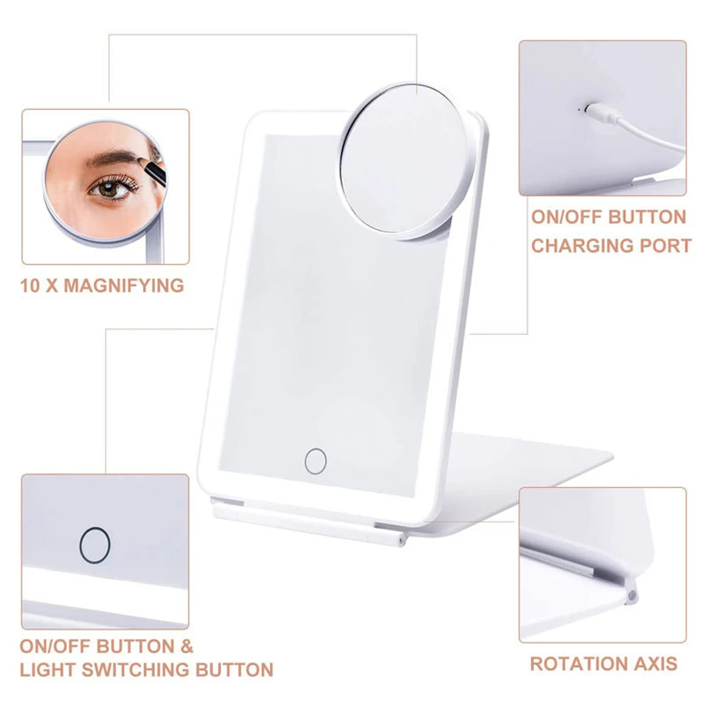 Espejo de maquillaje plegable con carga USB, tocador con pantalla táctil de aumento de 10x, cristal cosmético con luz LED, herramienta de mesa de