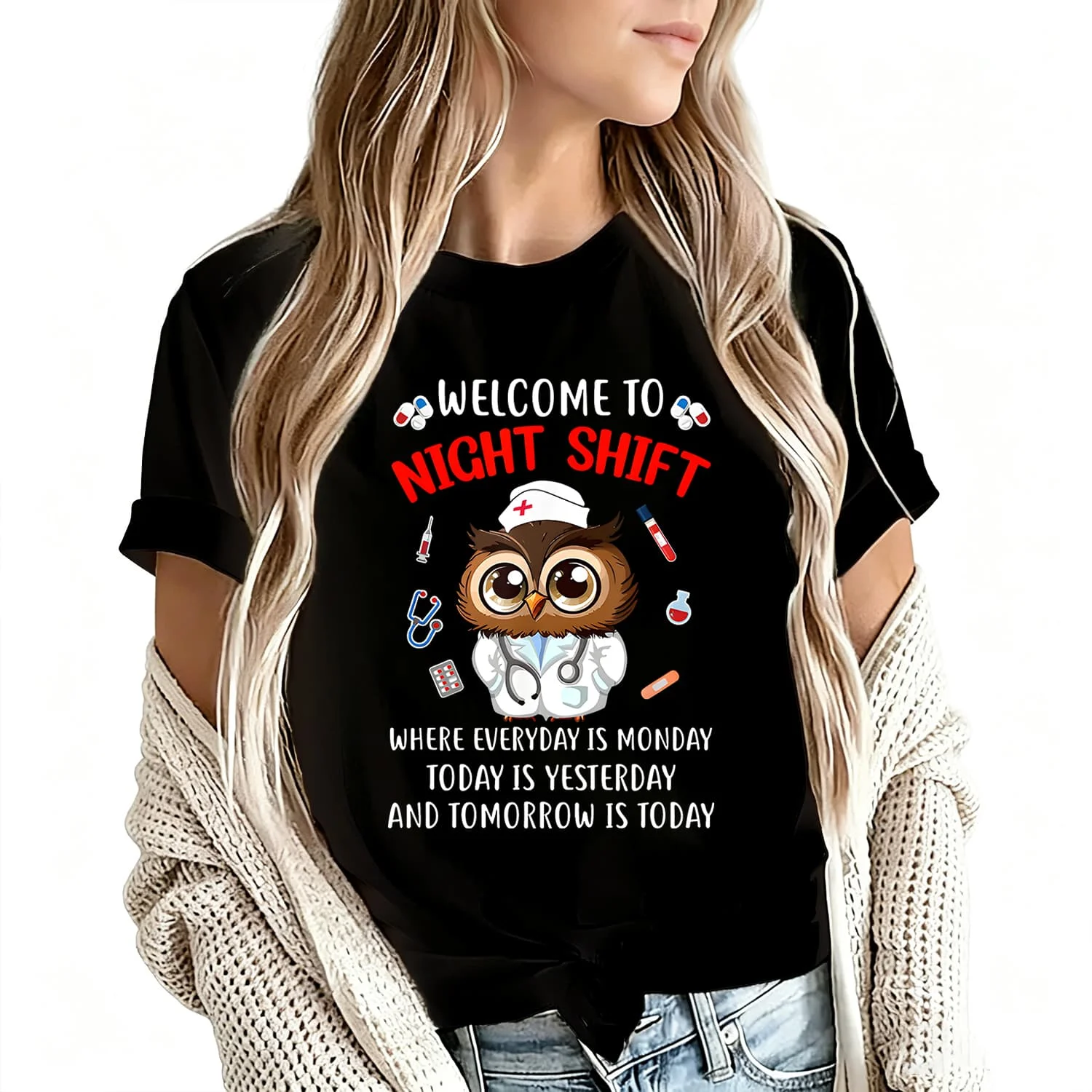 Owl Night Shift Funny Nurse Nursing Women's T-Shirt 100% Cotton Funny Graphic Short Sleeve Tee Novelty Shirt Casual Crew Neck Top S-5Xl