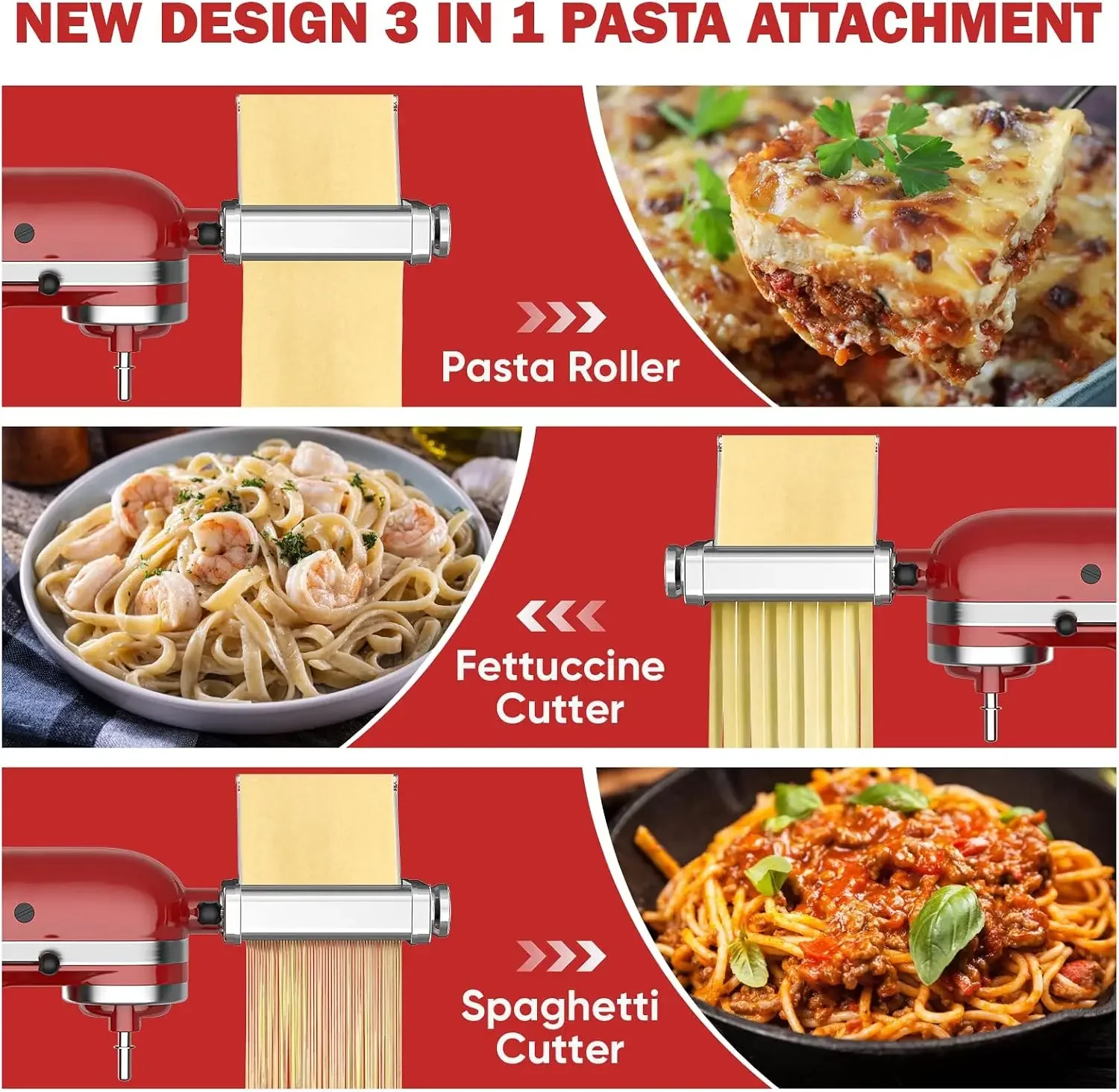 3-in-1 Pasta Attachment for KitchenAid Stand Mixers, Roller & Cutter | 3-in-1 All-Metal Pasta Maker Set with Roller, Spaghetti C
