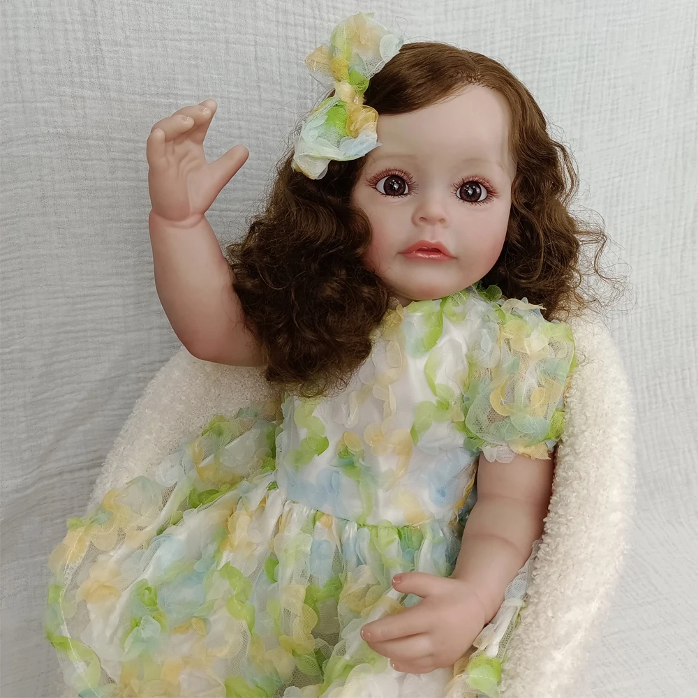 Rara boneca Rapunzel Reborn de vinil de 22" - cabelo loiro longo e encaracolado, olhos castanhos, vestido de princesa verde, poseável, caixa de presente e colecionadores