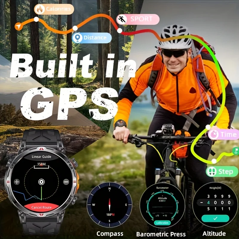T-REX Military Outdoor Sports GPS Smartwatch LED Flashlight، بطارية 650MAH، بوصلة مقاومة للماء 3ATM، مكالمة بلوتوث، لـ Xiaomi #5