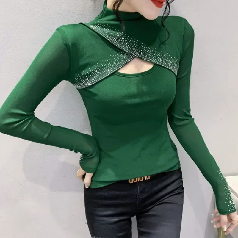 Spring Autumn Sequin Top Female Fashion Women's Long Sleeve T-shirt Glitter Rhinestone Youthful Clothes One Pieces Korean Style