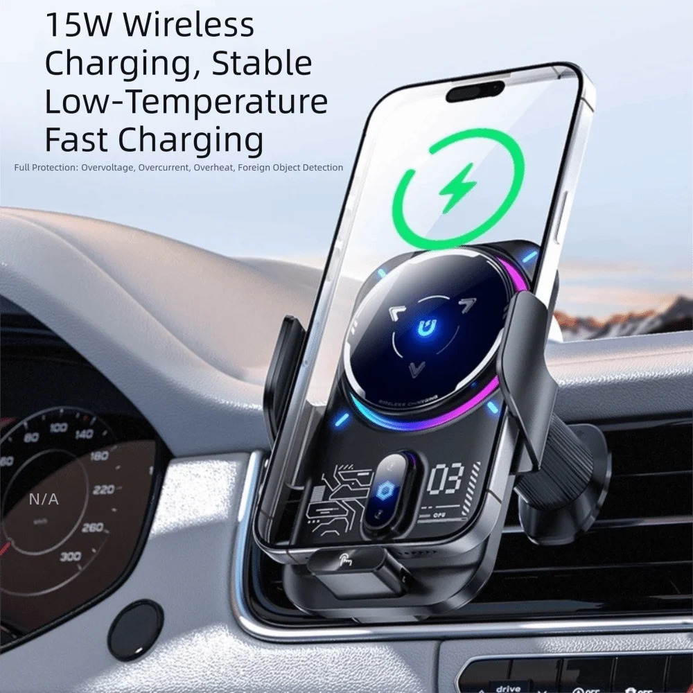 Magnetic Wireless Car Charger Fast Charging Automatic Cooling Auto Induction Wireless Charger Auto Induction RGB Ambient Light