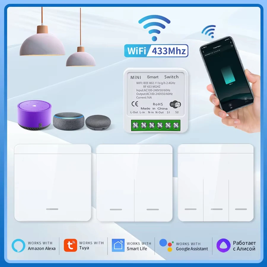 Interruptor de Luz Sem Fio RF 433MHz, Interruptor Inteligente WiFi 110V 220V, Controle por Voz via APP Smart Life, Compatível com Alexa, Google Home e Alice