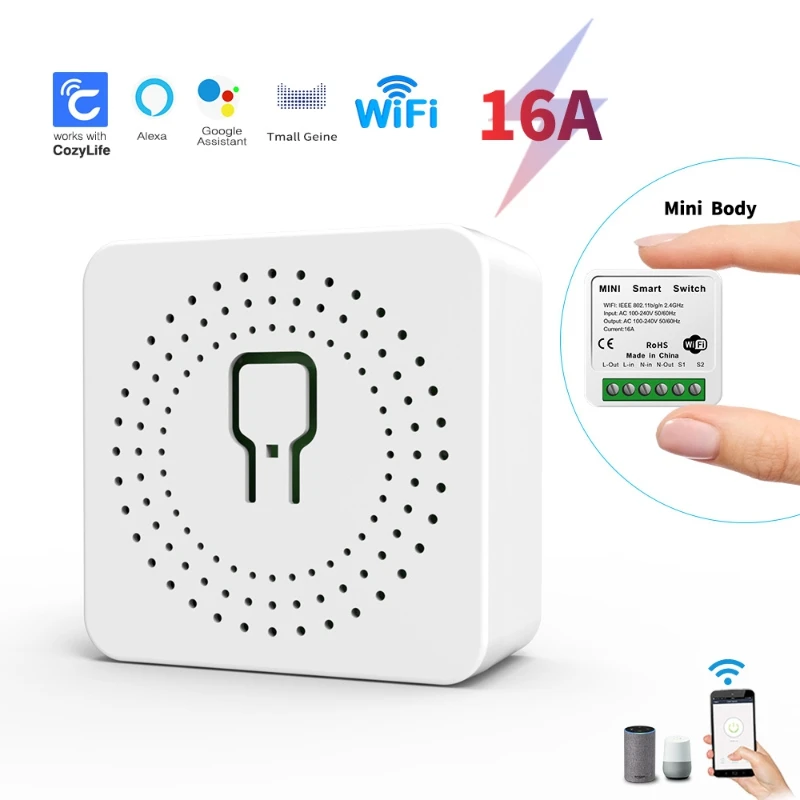 16A WiFi Mini Smart Switch CozyLife App Remote Control Timer 2 Way DIY Module Voice Compatible with Alexa