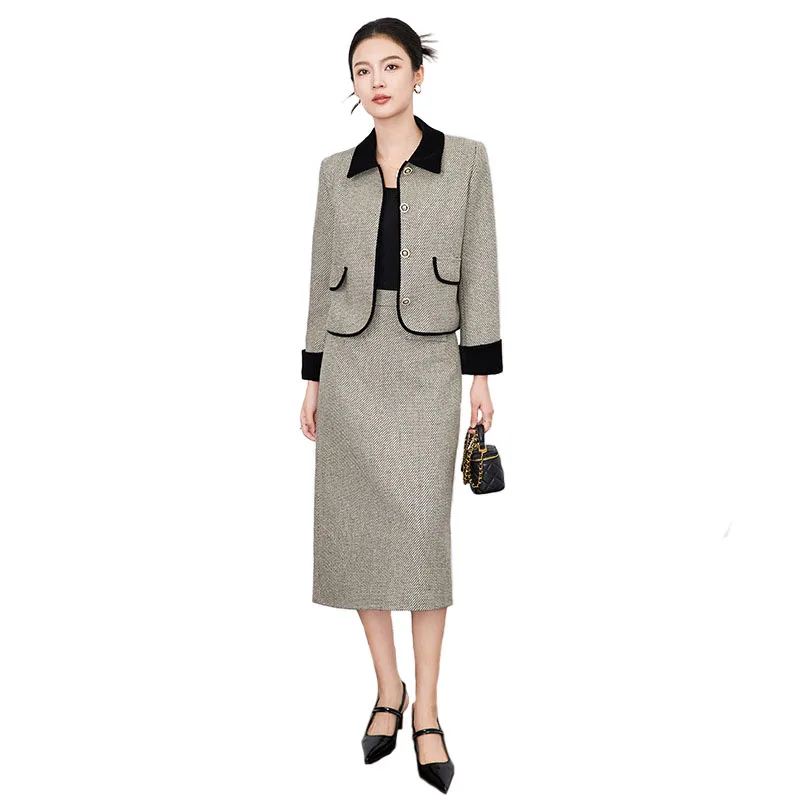 Knitting Wool Two Piece Set Women Autumn Temperament Turn Down Collar Short Blazer Coat and High Waist Mid Skirt Suit Fashion