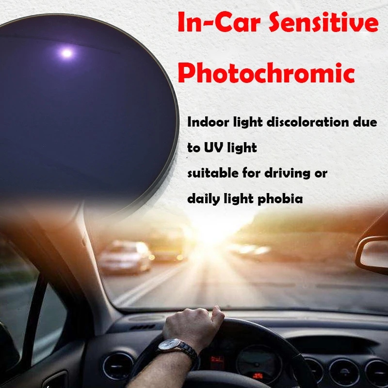 

1.56 Index In-car Photochromic Lenses Anti Blue Light Anti Glare Light Strong Discoloration Intensity Deep Color Transition