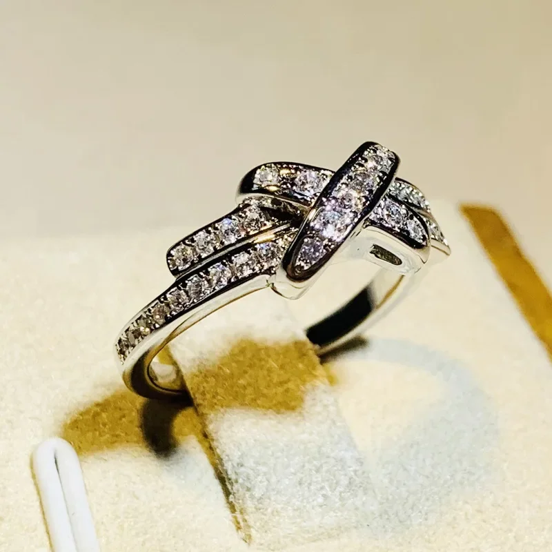 Fashion Female Rings 925 Sterling Silver  X Cross Double Zircon Ring for Women Wedding Trendy Jewelry Dazzling CZ Stone Rings