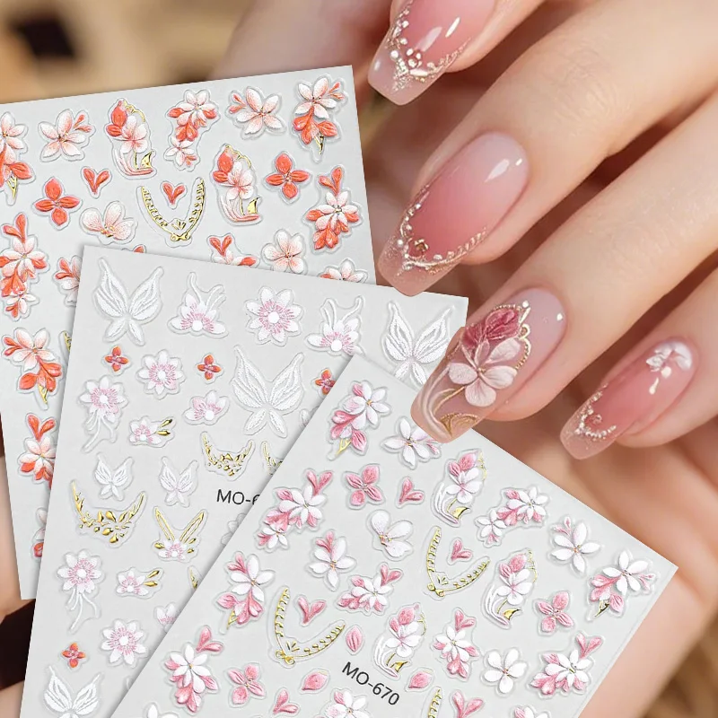 1 قطعة ملصقات الأظافر النمط الصيني المطرزة زهرة صغيرة زهرة فراشة الوردي النمط الفرنسي زهرة DIY بها بنفسك اكسسوارات الديكور