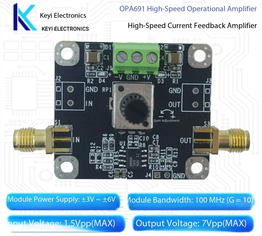 OPA691 Non-Inverting High-Speed Current-Feedback Amplifier Module, Gain Adjustable 5-100x High Performancerd
