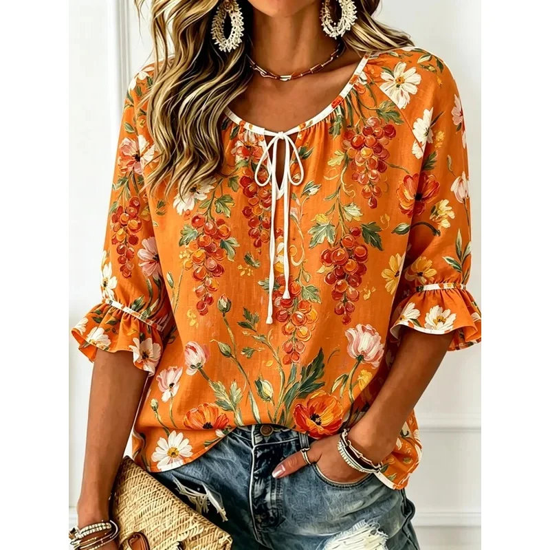Women's Tie Keyhole Neck Blouse, Apricot Base Oil Painting Bird of Paradise Tropical Leaf Print, for Spring Summer Daily Outfits