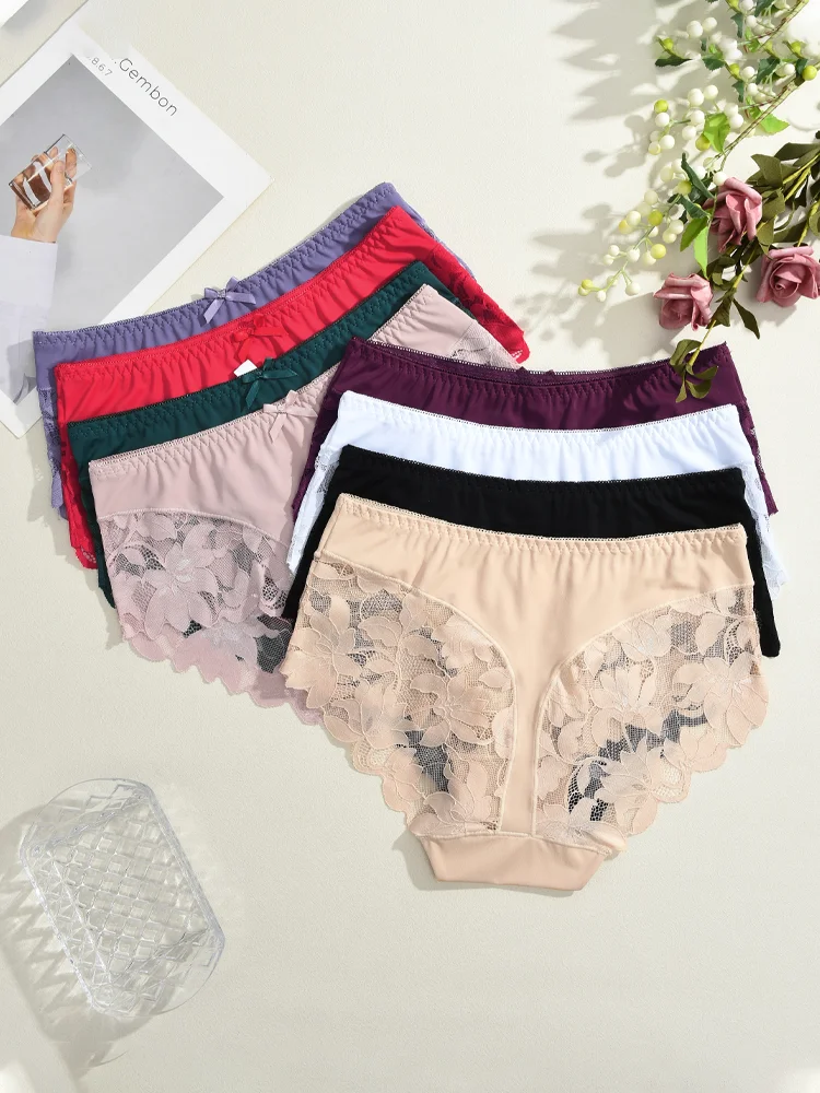 S-XXL Women Lace Panties Patchwork Seamless Underwear Sexy Luxury Hollow Out Solid Briefs Girls' Mid Rise Breathable Lingerie