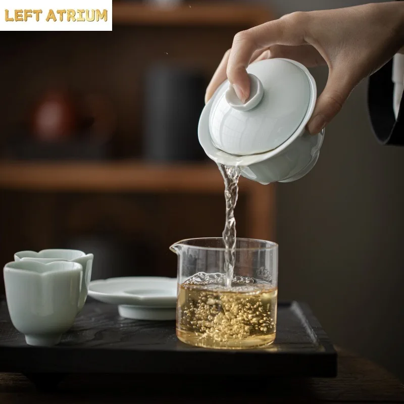 Lotus Green Porcelain Gaiwan Set, Large White Celadon Tea Bowl, Kung Fu Tea Set, Traditional Tea Cup and Saucer 150ml