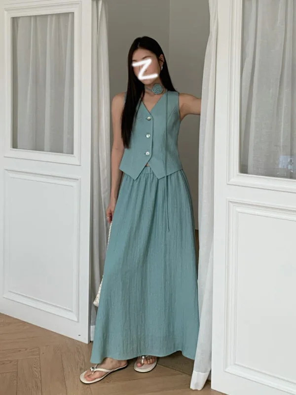 

Fashionable Korean Style Lady V-Neck Sleeveless Vest Top High Waist Loose Summer Set Women's Clothing Commute Style