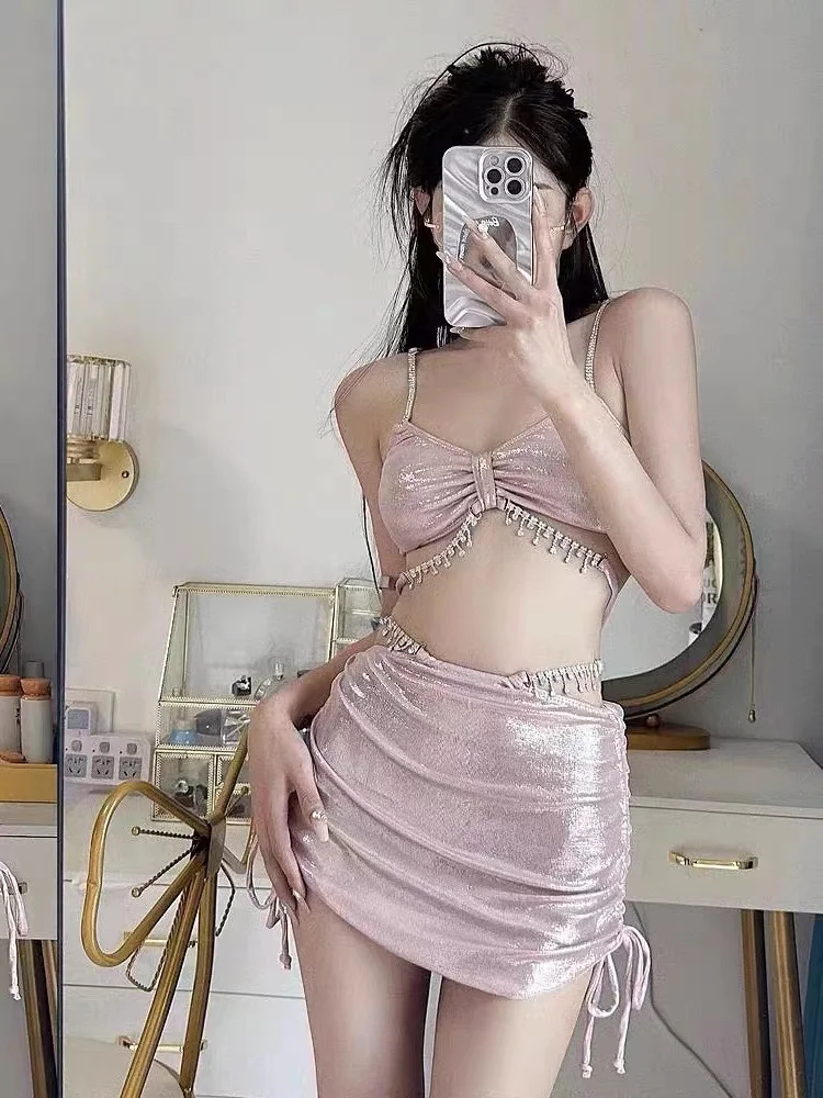 

Женский сексуальный розовый комплект бикини с цепочками, утягивающая юбка-накидка для плавания в горячих источниках