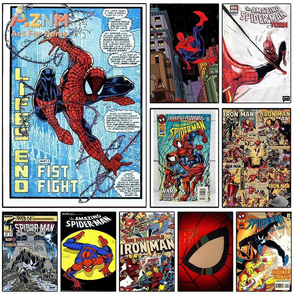 AZNM Spiderman Swing In City, impresión en lienzo de pared con fondo de rascacielos, arte de portada de cómic vintage de pelea de puños de superhéroe.
