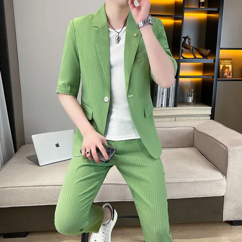 2024 Summer Men\'s Sets Half Sleeve Blazer Suits Fashion Solid color Short Sleeve Button Suit Shirt + Pants Slim FIt 2 Piece Set