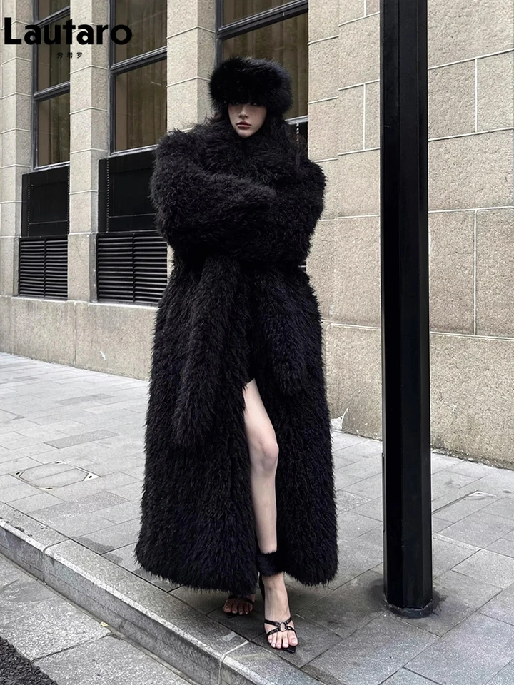 Black Faux Fur Coat Women Winter X-Long