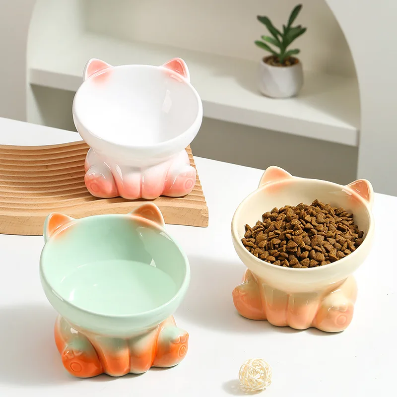 Cat Bowl Integrated Ceramic Diagonal High Feet Cute Protection Cervical Spine Dog Bowl Drinking Cat Bowl Against Black Chin