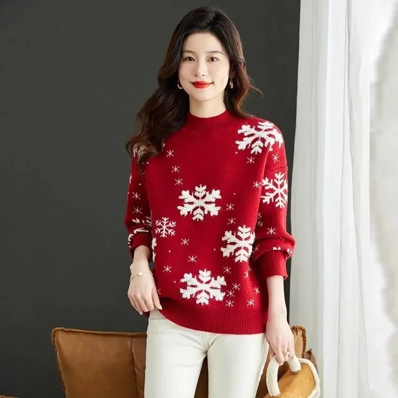 

New Style Versatile Knitted Sweater Pullover Bottoming Shirt Autumn Winter Chinese Red New Year Christmas Snowflake Style Top