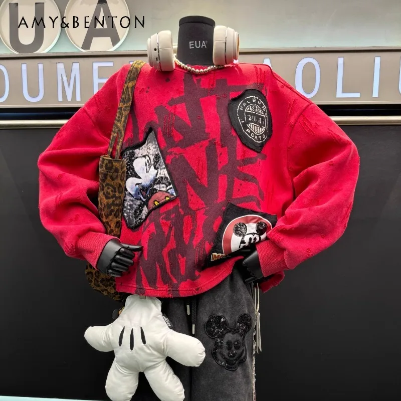 

2025 Winter New Heavy Sequin Cartoon Patch Fleece Sweatshirt for Women Loose Design Top