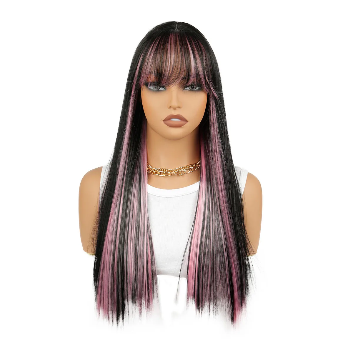 Qi poni intercolor rambut lurus panjang wig wanita serat kimia penutup kepala penuh hitam merah muda highlight warna fashion