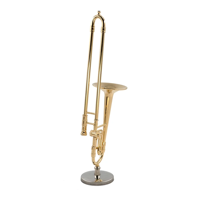 Modelo de trombón de cobre puro en miniatura con soporte, Mini instrumento Musical con caja de cuero negro, 12Cm