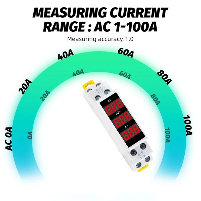 Din Rail Mount 3 Phase Ampere Meter Mini Modular Current Meter Gauge Indicator LED Digital Display Detector Ammeter