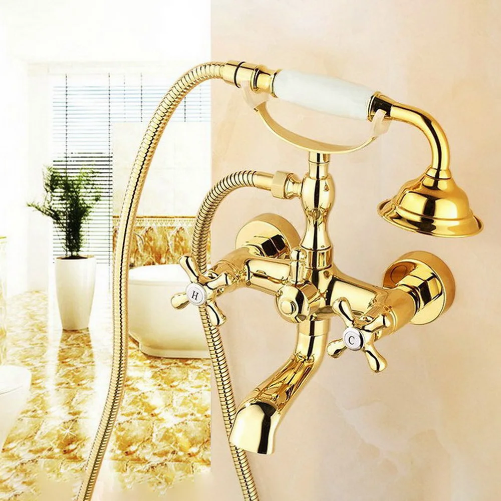 Imagem -03 - Ouro Latão Banheira Torneiras Estilo Telefone Banheira Torneiras Misturadoras Dupla Alça Banheiro Torneira do Chuveiro com Handshower Ztf123 Cor do