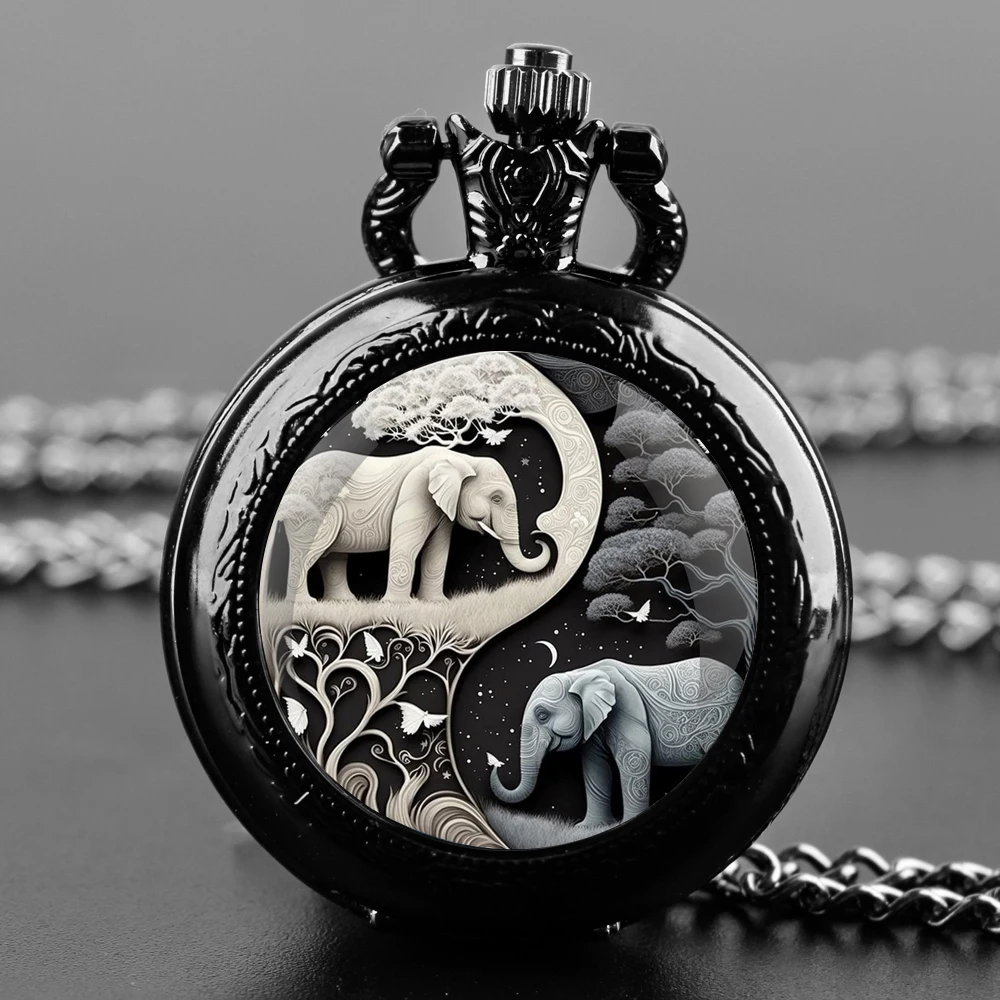 Classic Elephant Design Glass Cabochon Quartz Pocket Watch Vintage Men Women Pendant Necklace Chain Clock Jewelry Gifts