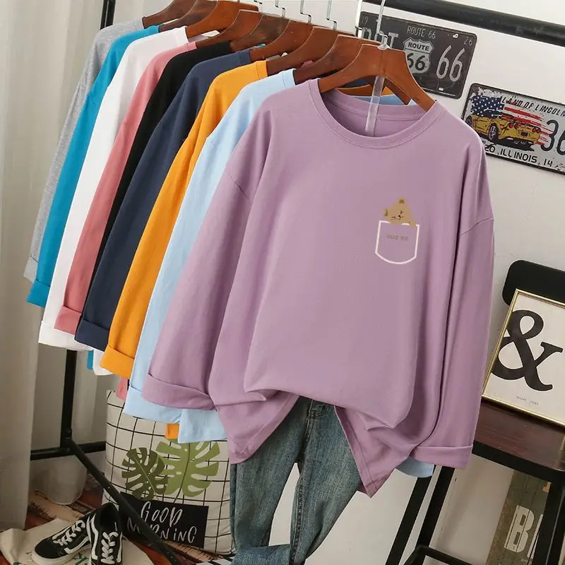 Plus Size 4XL 130kg Autumn Women\'s Cotton T-shirts Harajuku Tops Cartoon O Neck Long Sleeve Loose Kawaii Oversized Tshirt