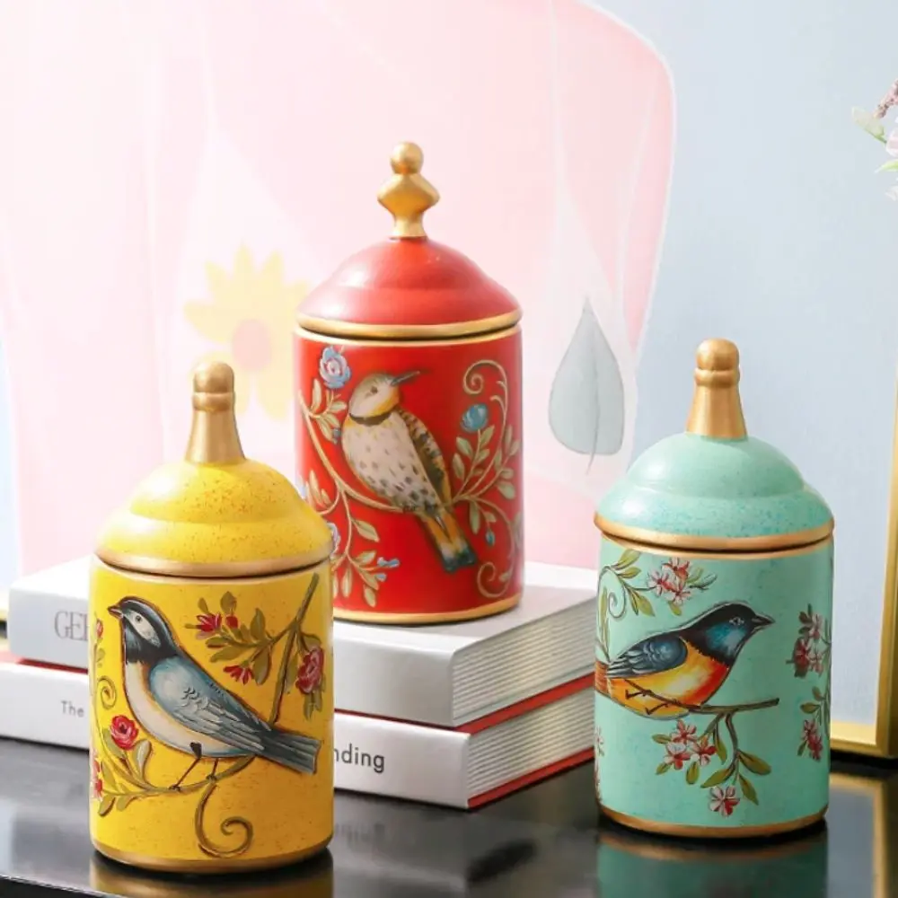 Luxurious Ceramic American Rustic Style Tea Canister Vintage Bird Printing Tea Can Moisture-proof Kitchen Storage Tank Sugar