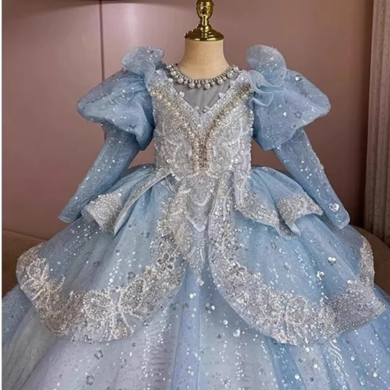 Children's Blue Lolita Princess Dress 2026 New Kids' Puff Dress Lolita Dress Girls' Princess Dress Piano Performance Dress LJ291