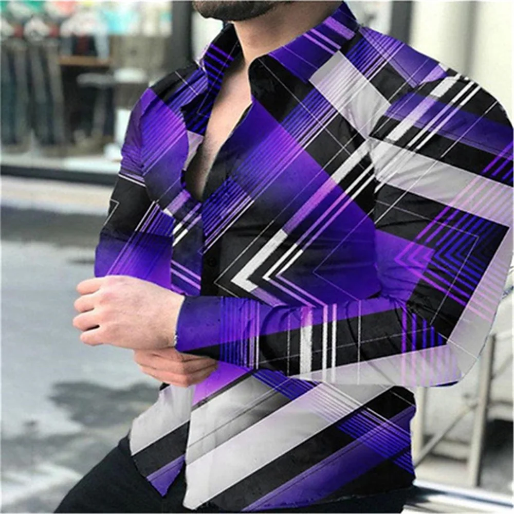 Geometric Pattern Men\'s Fashion Shirt Long Sleeve Slim Fit Trendy Casual Tops Men\'s Clothing Graffiti Streetwear Oversized S-6XL