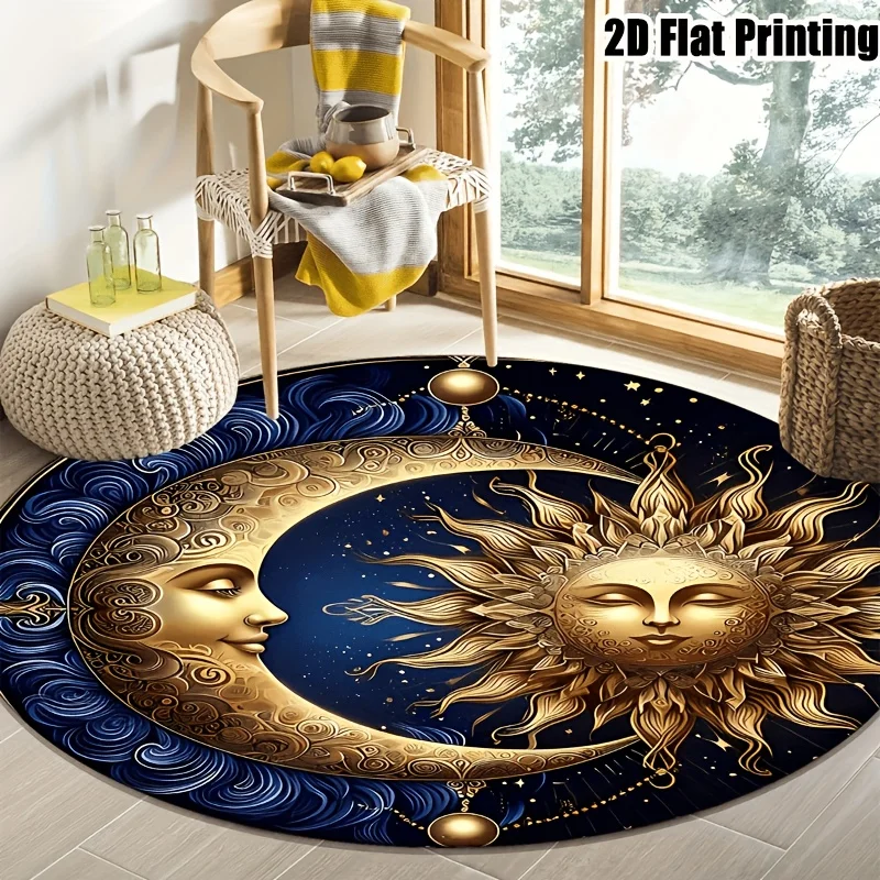 Carpet Household Rug Mat Non Slip Vintage Celestial Round for Living Room Bedroom Indoor Space Refresh